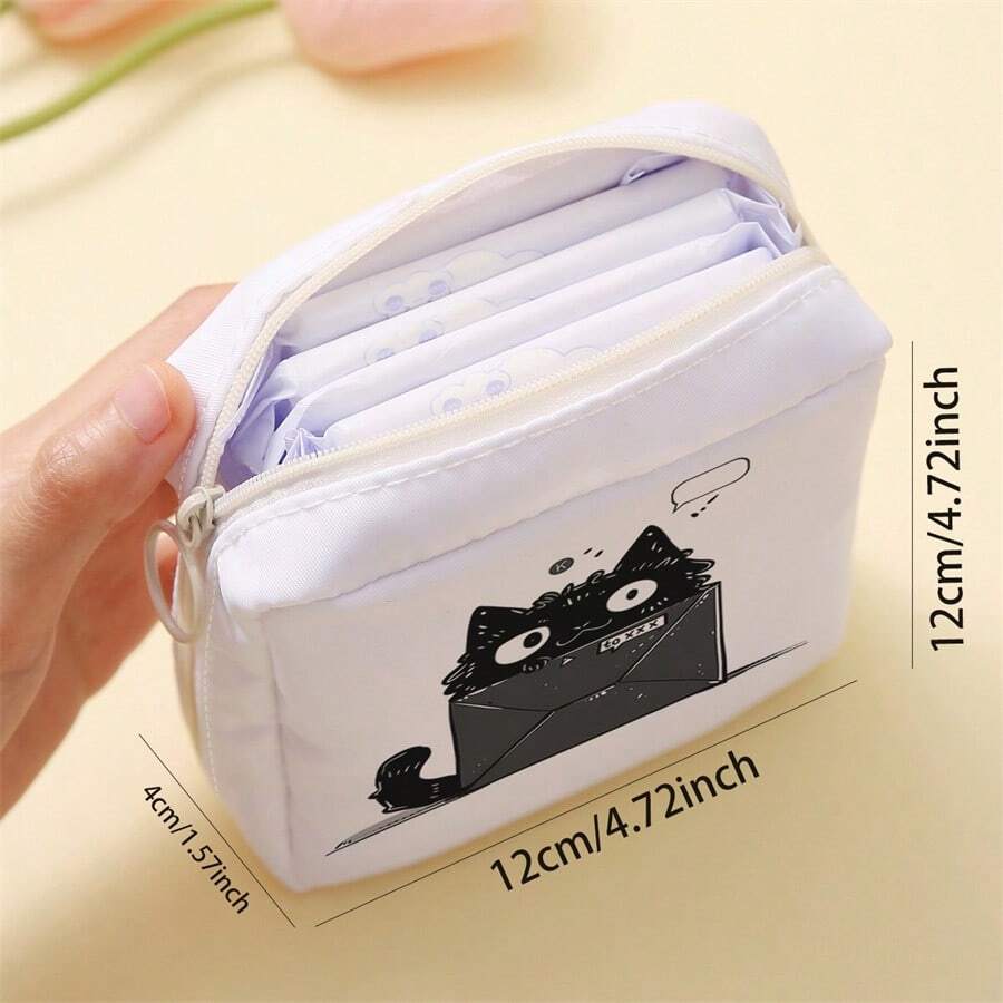 Black & White Cat Graphic Sanitary Napkin Organizer Bag, Cosmetic Pouch