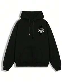 男士休闲纹身图案符文印花个性化保暖连帽衫，Emo风格，2000年代风格，适合秋冬季节，长袖上衣