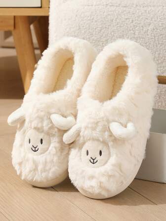 1 Pair Winter Closed Toe Slip On House Slippers, Cute Cartoon Lamb Plush For Women, Couples And Girls, Warm Anti-Slip Maternity Shoes