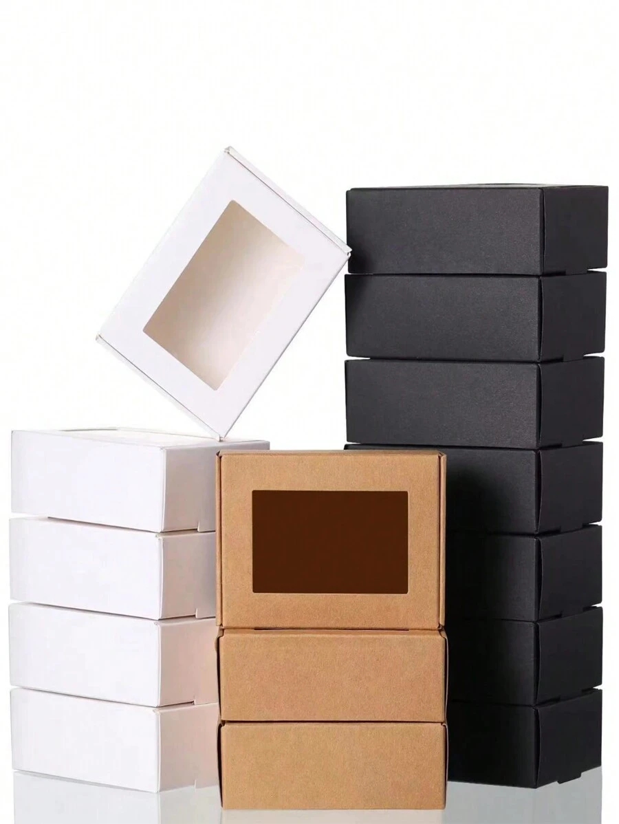 10pcs Kraft Paper Candy Gift Boxes With Window, Black/White/Pink, For Birthday Cake, Desserts And Sweets Valentine Day