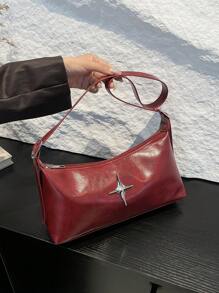 Neue Retro Umhängetasche, Lässig Shopper, öl-wachsleder mondförmige Umhängetasche für Frauen mit Metall Stern Deko, Chic Pendler Tasche, Herbst/Winter - Bordeaux - Übersicht 3
