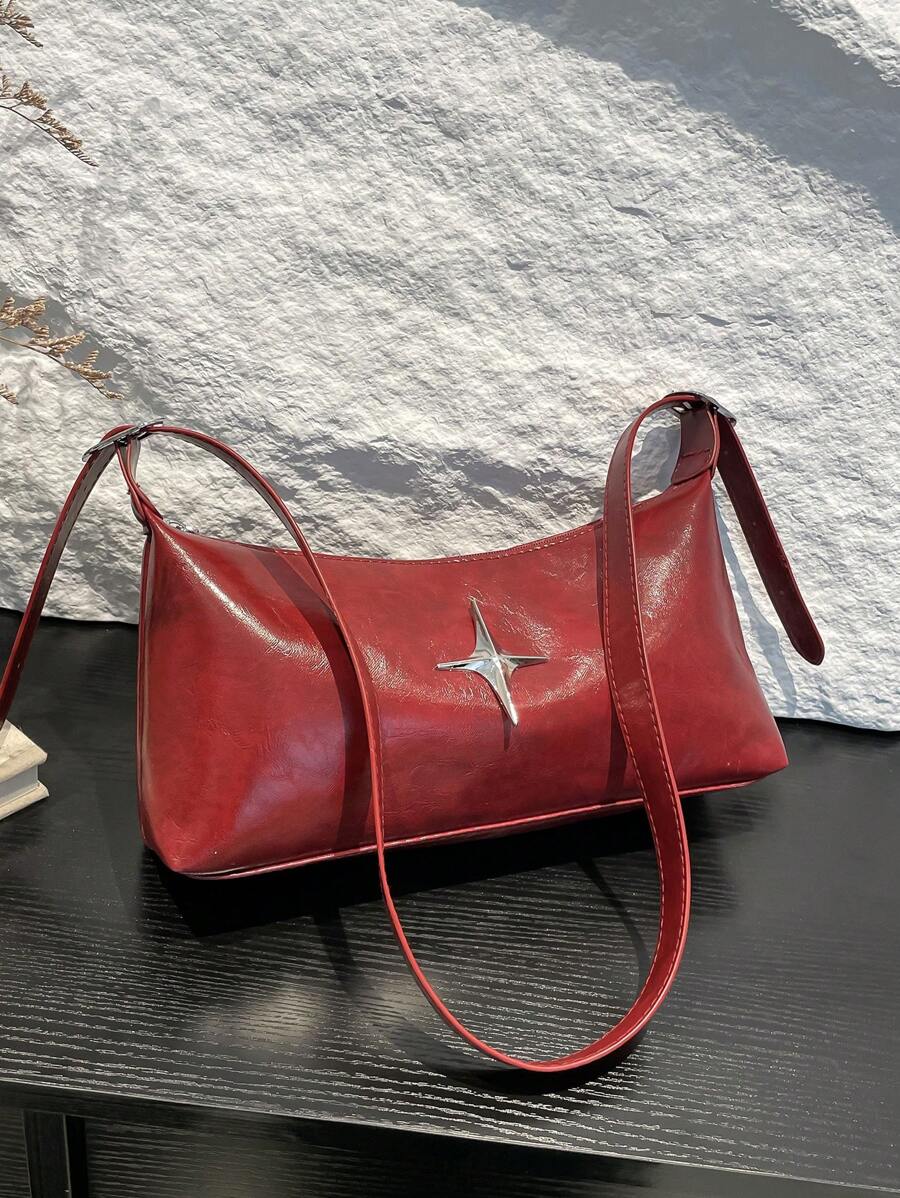 Neue Retro Umhängetasche, Lässig Shopper, öl-wachsleder mondförmige Umhängetasche für Frauen mit Metall Stern Deko, Chic Pendler Tasche, Herbst/Winter - Bordeaux - Übersicht 1