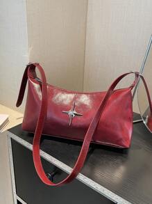 Neue Retro Umhängetasche, Lässig Shopper, öl-wachsleder mondförmige Umhängetasche für Frauen mit Metall Stern Deko, Chic Pendler Tasche, Herbst/Winter - Bordeaux - Übersicht 6