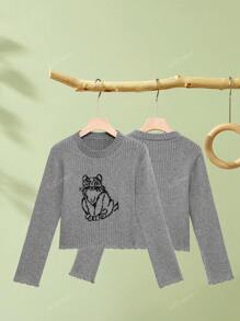 Jersey de punto de manga larga con estampado de gato gris para mujer, jersey corto ajustado y de cuello redondo de moda, para otoño e invierno, tops de manga larga