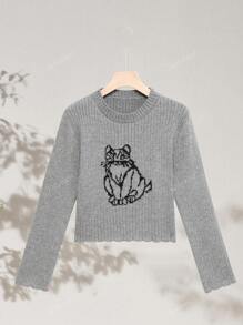 Jersey de punto de manga larga con estampado de gato gris para mujer, jersey corto ajustado y de cuello redondo de moda, para otoño e invierno, tops de manga larga