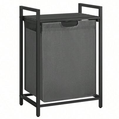 Laundry Basket, Laundry Hamper, Pull-Out And Removable Laundry Bag, Shelf, Metal Frame, 65L, 50 X 33 X 72 Cm, Black And Grey