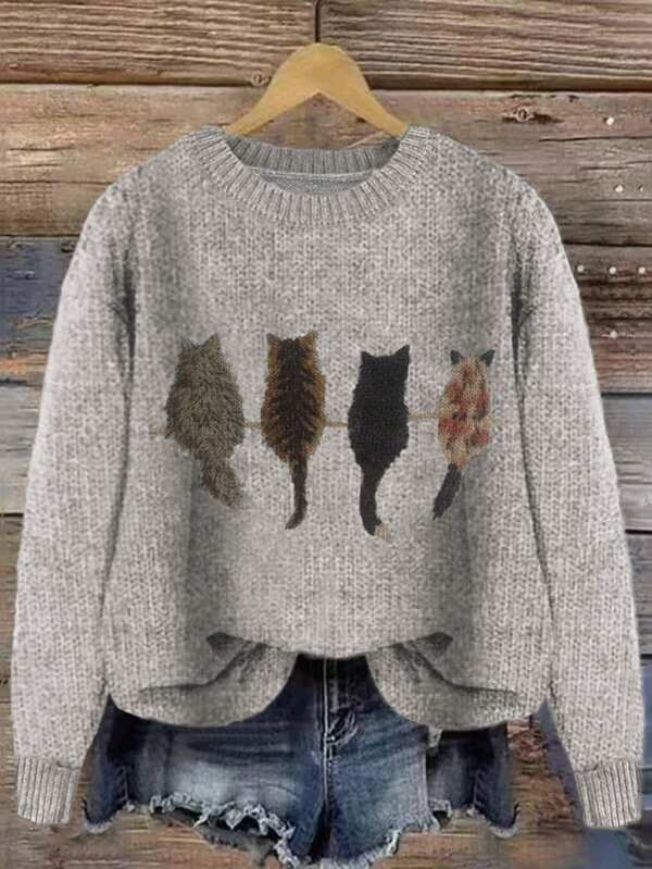 Colorblock Cat Print Loose Casual Knit Pullover Sweater