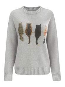 拼色猫咪印花宽松休闲针织套衫 - 灰色 - 查看 3