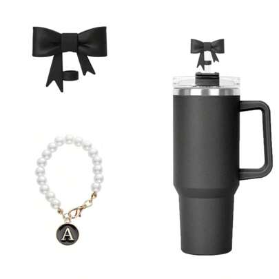 1set Of 2pcs 10mm Elegant Bow Silicone Straw Toppers, Faux Pearl Letter Water Bottle Hanging Charms, Fit For 30oz & 40oz Tumblers, Cup Decor Pendants, Wedding Party Holiday Gifts