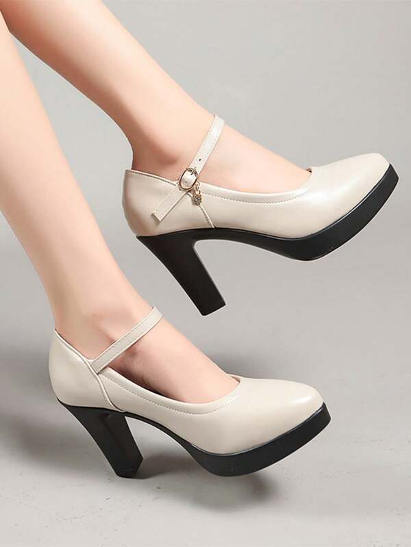 Women's French Pointed Toe Comfortable Strap Small Leather Shoes, Waterproof Platform Chunky Heel High Heels, 2024 New Fashion Design
