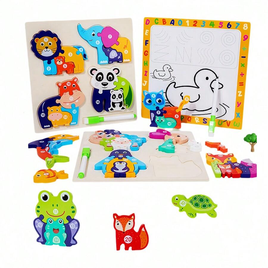 1 套 2 合 1 木制拼图，带绘图板，适合 3 岁以上儿童，蒙特梭利男孩和女孩玩具，儿童拼图教育学习，圣诞节，生日礼物，动物拼图