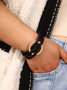 1pc European Style Multi-Layer PU Leather & Metal Large Hoop Magnetic Clasp Black Bracelet For Women - Black - View 4