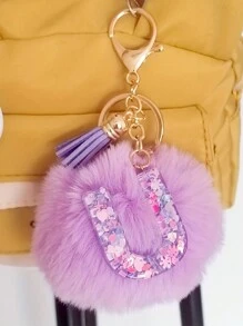 Initial Letter Keychain Pendant Resin Letter Keychain Wallet Backpack Accessory, Purple Fur Ball And Letters, Is The Best Gift For Family And Loved Ones, Letters A-Z Are Available For Selection, Fashionable Items, Alphabet Pendant For Bags - Purple - View 22