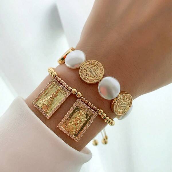 1 Stück, neuer modischer religiöser Armreif, 18k vergoldet mit Jungfrau Maria, Schmuckarmband mit Zirkonia, Goldperlen und Perlenschale