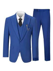 Men's 3 Pieces Suits Set For Men Royal Blue Fashion Slim Fit Prom Peak Lapel Blazer Double Breasted Vest Pants Elegant Set Business Party Wedding Holiday Size XS-3XL Fall Winter Clothes For Men - 寶藍色 - 查看 4