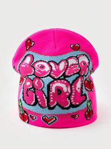 1 件女士时尚糖果色字母和心形针织帽，情人节日常穿着的温暖配饰 - 彩色 - 查看 8