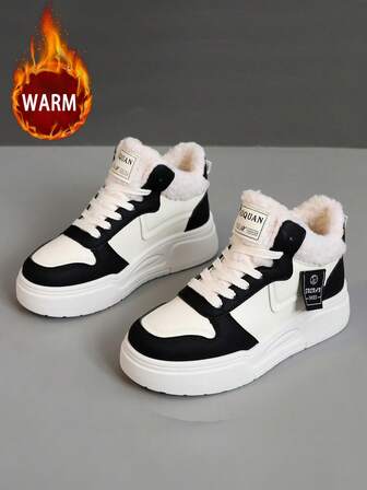 1 双女式防水皮革衬里保暖厚底雪地靴，休闲高帮寒冷天气鞋，适合冬季日常和户外穿着