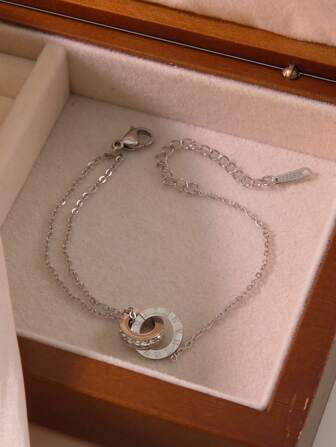 VceTd 1pc Stainless Steel Double Loop CZ Bracelet, Suitable For Daily Wear