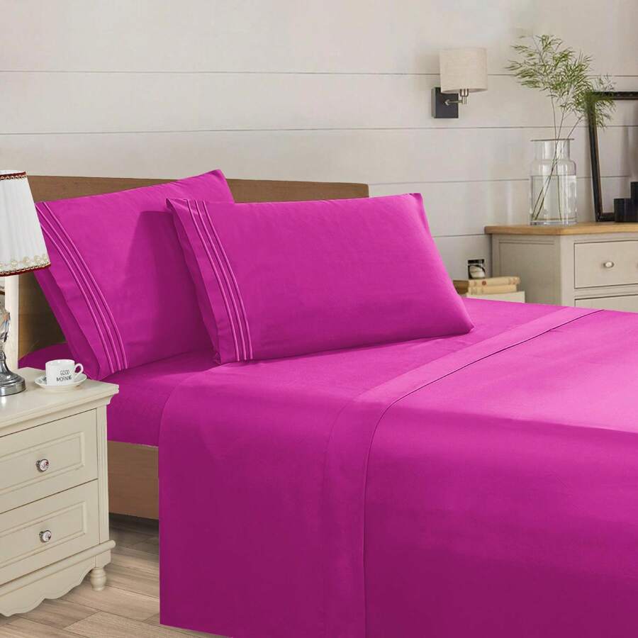 Mocassi 4 Piece 3 Line Embroidered Egyptian Quality Super Soft Wrinkle Resistant 1500 Series Sheet Set (Light Colors) - Pink - View 1