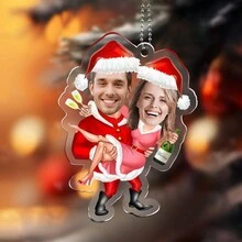 1 szt. Spersonalizowany akrylowy wieszak na zdjęcia twarzy pary na Boże Narodzenie, spersonalizowane dekoracje ze zdjęciem Świętego Mikołaja, wyjątkowe prezenty, dostosowane do zdjęcia, świąteczne prezenty dekoracyjne