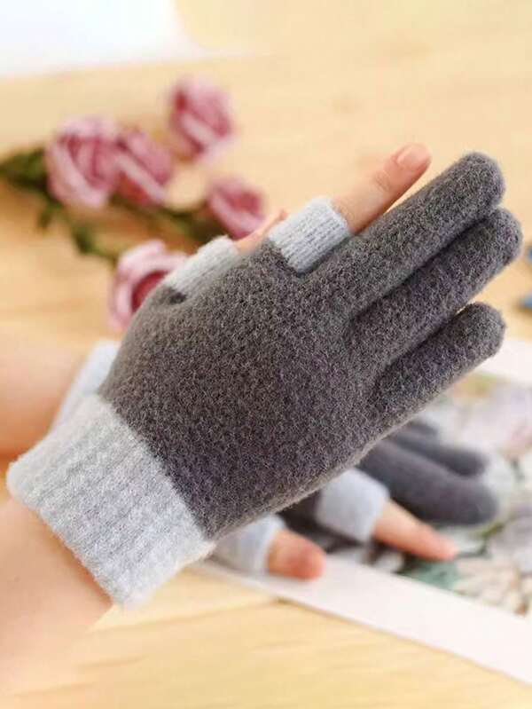 Dzianinowe rękawiczki patchworkowe – pogrubione dla uczniów na jesień/zimę, wiatroszczelne, dwupalczaste rękawiczki do pisania z ekranami dotykowymi