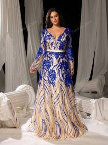 Faeriesty Plus Deep V Neck Lace Up Back Floral Sequin Prom Dress, Elegant Formal Evening Gown, For Wedding Guest, Graduation, Dinner, Party Dress