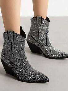 Goth Women Crystal Boots Round Toe Chunky Heel Sip-On Shoes Fashion Retro Shine Nightclub Boots Halloween Christmas Shoes - 黑色 - 查看 3