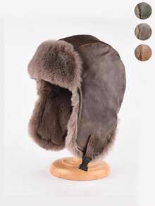 1 件男士纯色皮革和羊毛护耳帽，简约粗犷的设计，保暖，适合秋冬季户外运动、滑雪和旅行 - 雷鋒帽 - 查看 11