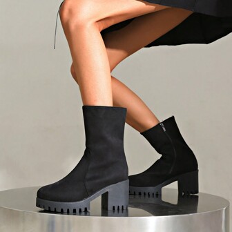 European And American Style Chunky Heel Ankle Boots For Women, 2024 Autumn/Winter New Arrival, Boots, Versatile Platform High Heel Shoes, British Style Boots,