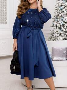 大码女式闪亮拼接松紧腰 3/4 袖优雅派对连衣裙 - 藏蓝色 - 查看 2