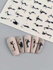 1 hoja Pegatinas de arte de uñas con patrón de silueta, pegatinas de uñas DIY, suministros para uñas - Negro - Ver 4