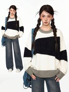 黑色蓬松拼布针织毛衣，女士休闲圆领长袖套头衫，宽松时尚可爱针织衫，适合秋冬季 - 黑與白 - 查看 1