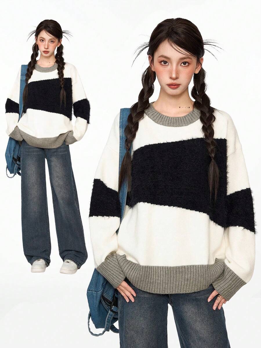 黑色蓬松拼布针织毛衣，女士休闲圆领长袖套头衫，宽松时尚可爱针织衫，适合秋冬季 - 黑與白 - 查看 1