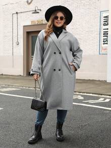 Nemidor 大码女式双排扣翻领长袖休闲长外套，秋冬 - 灰色 - 查看 6