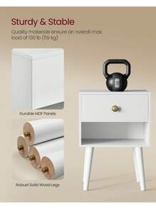 VASAGLE Bedside Table, Side Table With Storage Drawer And Open Shelf, Solid Wood Legs, End Table For Living Room, For Bedroom, Sofa, Cloud White - White - View 3