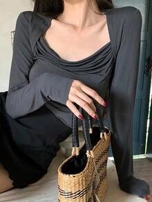 Camiseta de manga larga con cuello de embudo de unicolor informal, otoño - Gris - Ver 1