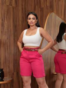 Women's Tailored Bermuda Shorts With Leather Belt - 玫紅色 - 查看 2