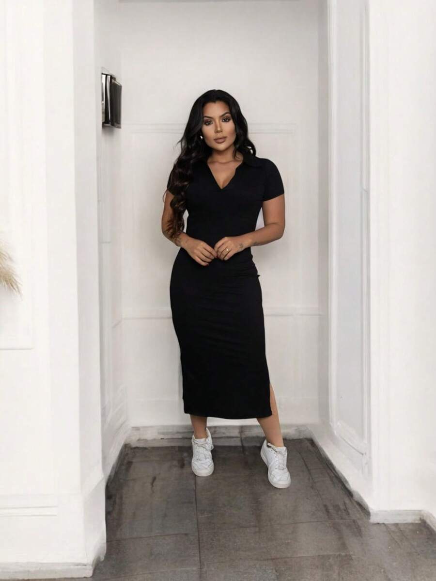 Long Ribbed Polo Neck Dress - màu đen - Xem 1