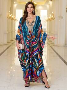 Bata holgada con mangas de murciélago y estampado tropical para mujer, vestido largo modesto con cuello en V y manga larga, estilo bohemio para Eid - Multicolor - Ver 1