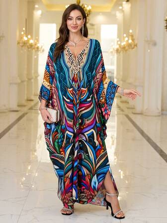 Women's Tropical Print Batwing Sleeve Loose Robe, Bohemian V-Neck Long Robe Modest Long Sleeve Dress