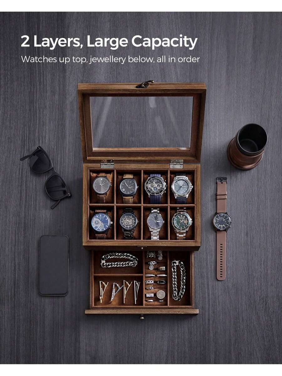 SONGMICS Watch Box With 8 Slots, 2-Tier Wood Watch Case With Large Glass Lid, Watch Pillows, Velvet Lining, Jewellery Box, Gift For Loved Ones, Rustic Walnut