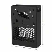 SONGMICS Metal Umbrella Stand, Rectangular Umbrella Holder Rack, With A Removable Drip Tray, 4 Hooks, Cutout Design, For Entryway, Office, Black - Black - View 5