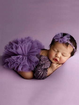 مجموعة بدلة الجسم والشريطة الرأس البنفسجية الدانتيل لحديثي الولادة من البنات، تنورة توتو الفضفاضة كريات تصوير فوتوغرافي، هدايا حفل استقبال المولود، ديكورات عائلية، هدايا عيد الفصح للبنات/الأولاد