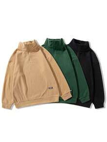 Nueva lista de otoño e invierno nuevos hombres de color sólido shaker suéter cómodo cálido medio abierto placket zip cuello de manga larga suéter unisex viento de la moda casual tops - Negro - Ver 4