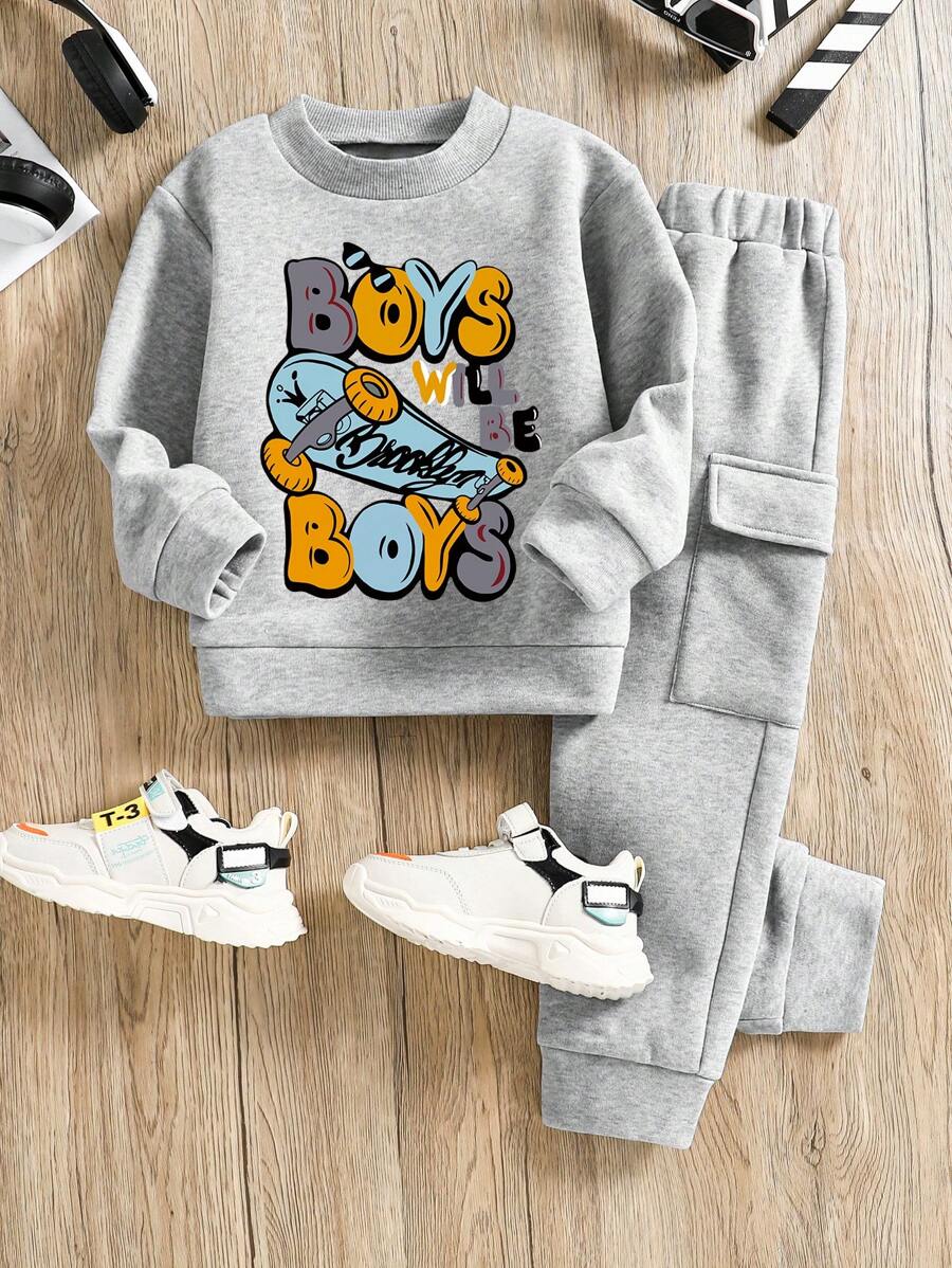 Tween 男孩套装 - 字母印花圆领运动衫和运动裤