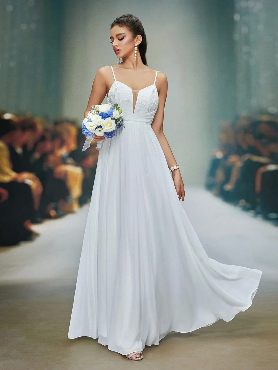 Spaghetti Strap V-Neck Embroidery Sequin Patchwork Chiffon Maxi Wedding Dress,Bride - White - View 1