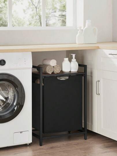 VASAGLE Laundry Basket, Laundry Hamper, Pull-Out And Removable Laundry Bag, Shelf, Metal Frame, 65L, 50 X 33 X 72 Cm, Rustic Brown And Black, Rustic Brown And Black