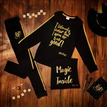 Harry Potter Pyjama Nightwear Long Sleeve 100% Cotton Soft Breathable Lounge Wear PJ Black/Gold Age 7-14 Gift - Black - View 6