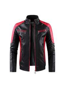 Otoño e invierno Cuello alto cremallera chaqueta de motorista de los hombres material de la PU, multi-bolsillos,  Moda Urbana - Rojo - Ver 4