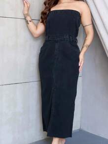 Strapless Midi Denim Dress With Front Slit - Màu xám đen - Xem 4